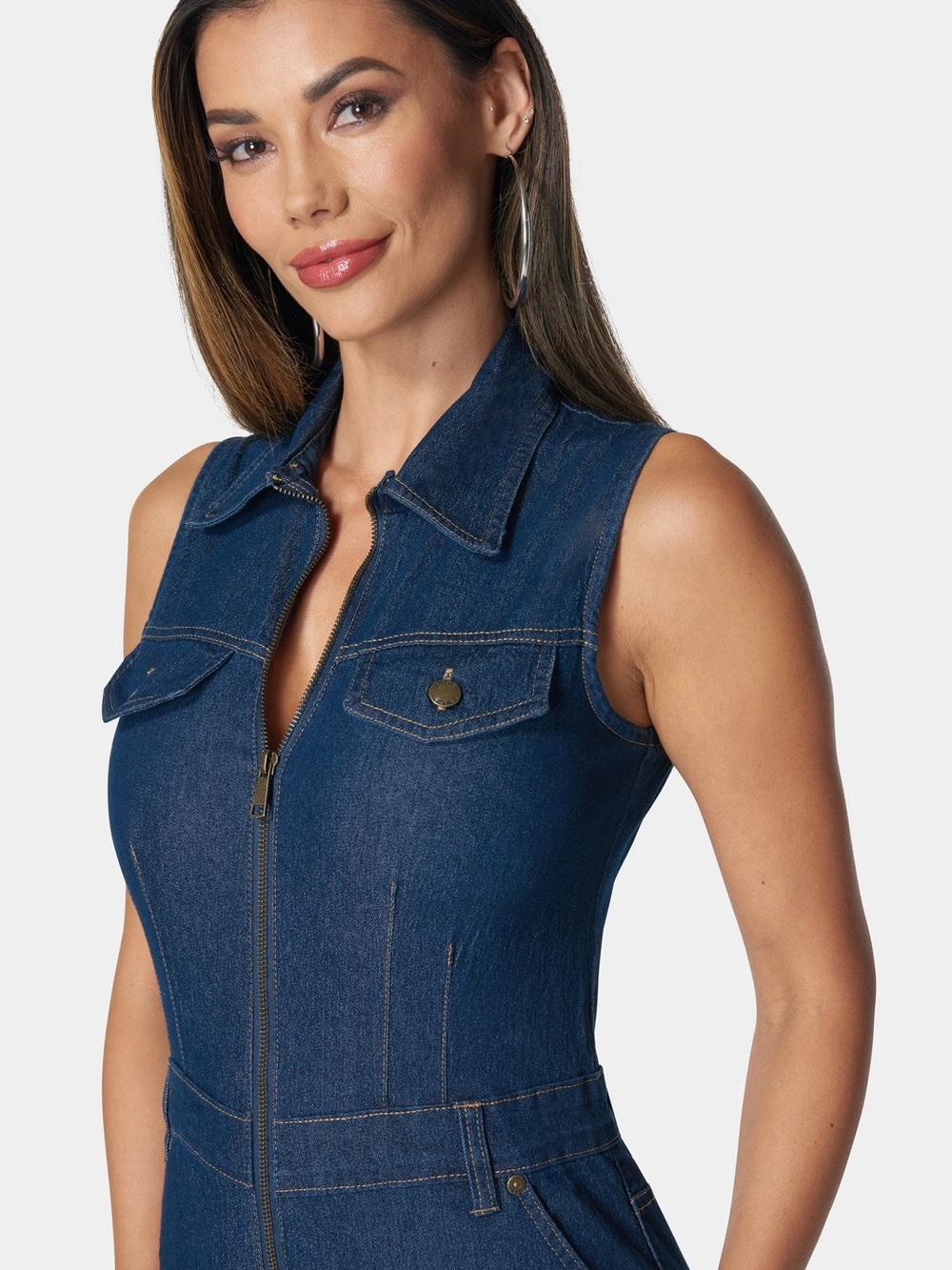 Sleeveless Dark Blue Denim Zip-Front Jeans Jumpsuit